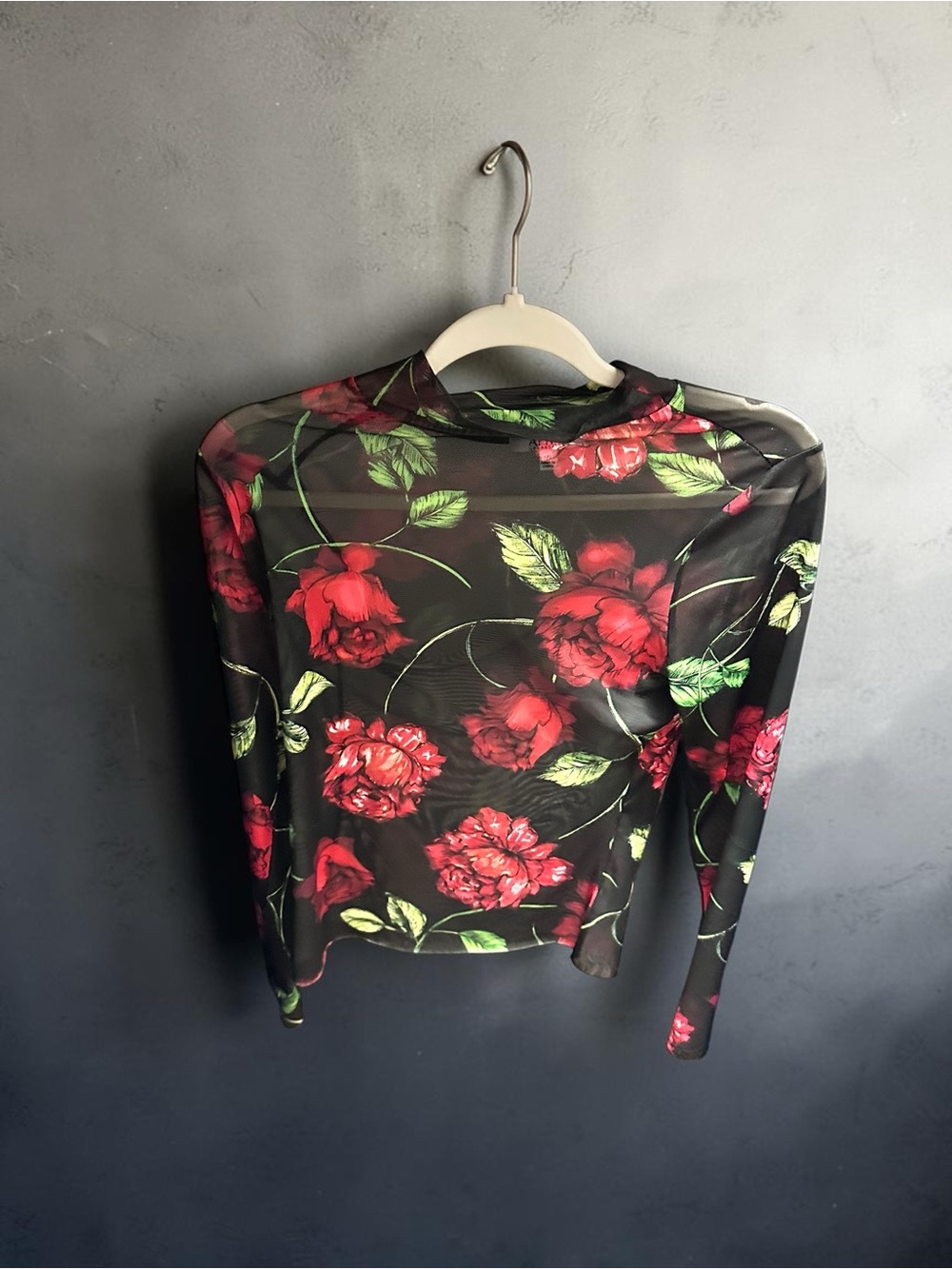 AFRM Black Sheer Long-Sleeve Top with Red Rose Print